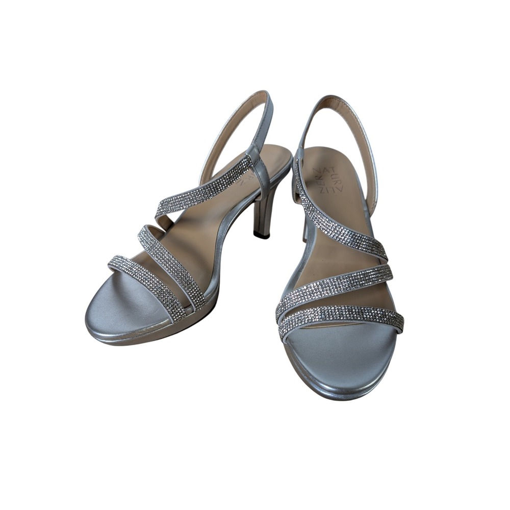 Naturalizer Brenta Silver Rhinestone Slingback Heels Womens 8W Dress Sandals